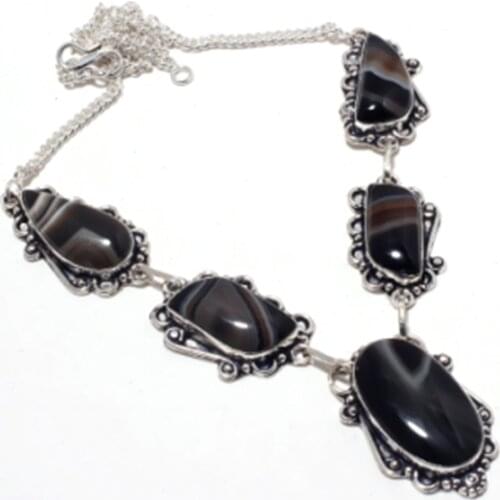 Black Botswana Agate Necklace Silver Overlay over Copper, 51.5 cm, N4130