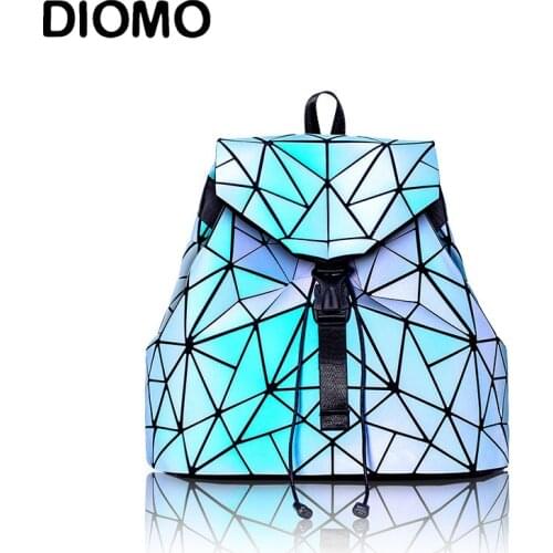 DIOMO 2021 New Arrival Women Backpack Blue Purple Red Reflective Geometric Sequin Ladies Drawstring Bag Holographic Backpack