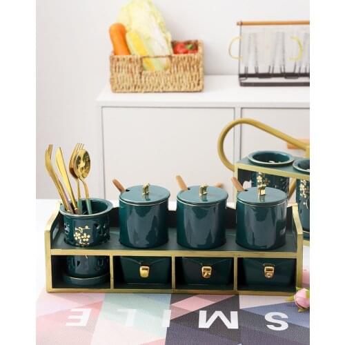 Home kitchen ceramic emerald seasoning tank box sugar salt condiment chopsticks tube storage shelf small containers with lids