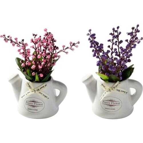 Artificial flower plant flowering shoots silk cloth for home Garden farmhouse decor fake flower+ceramic small pot vase bonsai