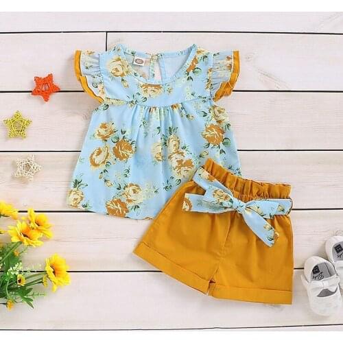 Girl Kids Clothes Set 2021 Children Fly-Sleeve Flower Print Tops And Bowtie Shorts 2Pcs Outfits Summer Toddler Girl Suit 1-5T