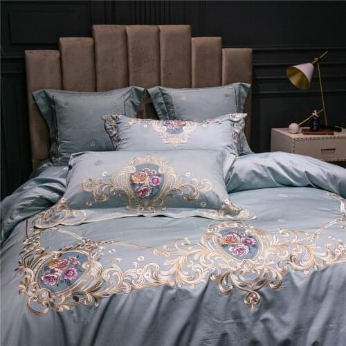 Luxury Blue 100S Egyptian cotton Embroidered Bedding sets Queen King Royal Duvet cover Bed sheet set Pillowcases 4/6pcs Green