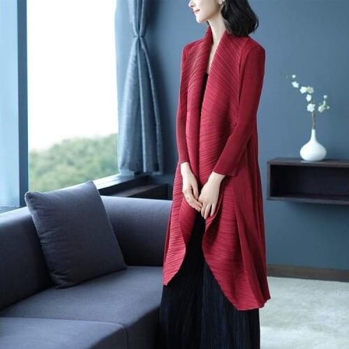 HOT SELLING miyake fold outerwear pleated solid length sleeve wide-waisted turndown collar LOOSE outerwear IN STOCK