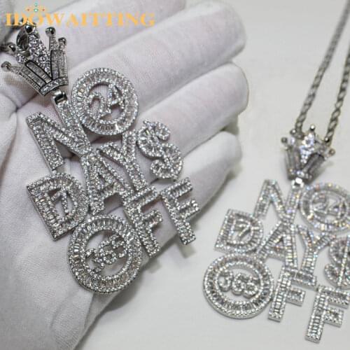 Iced Out Bling CZ Letters Pendant Necklace NO DAYS OFF Paved Cubic Zircon Crown Shape Mens Necklace Fashion Hip Hop Jewelry