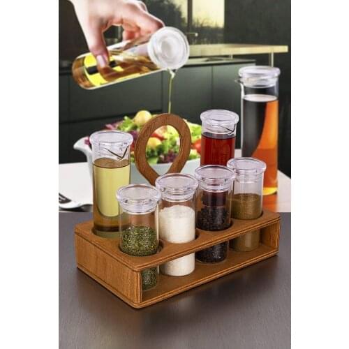 6-PIECE SPICE SET WITH WOODEN STAND GLASS BOROSILICATE kitchen mother spice set salt and pepper bowl tableware wooden bamboo