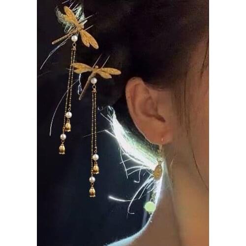 PEORCHID Vintage Women Chinese Hanfu Dress Hairpins Clips Dragonfly Tassel Step Shake Wedding Hair Accessories Bridal Headwear