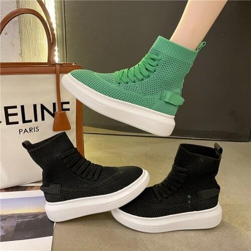 High-top socks shoes women 2021 new thick-soled shoes stretch knitted mesh womens shoes sports and leisure Martin short boots