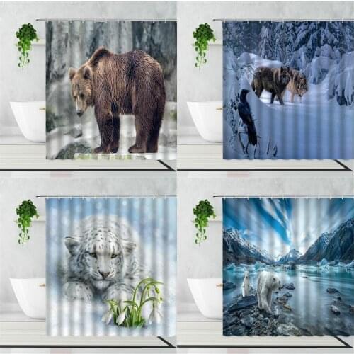Winter Wildlife Shower Curtains Brown Bear Snow Leopard Wolf 3D Printed Home Decor Background Cloth Bath Curtain Set With Hooks