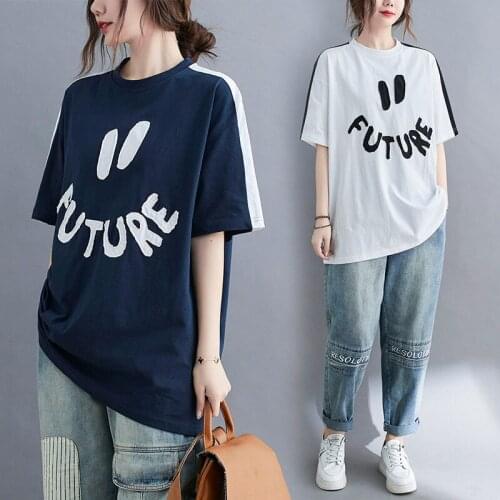 Contrast Stitching Short Sleeve T-shirt Women 2021Summer t shirt Round Neck Pullover t shirts Tee Loose Top Streetwear