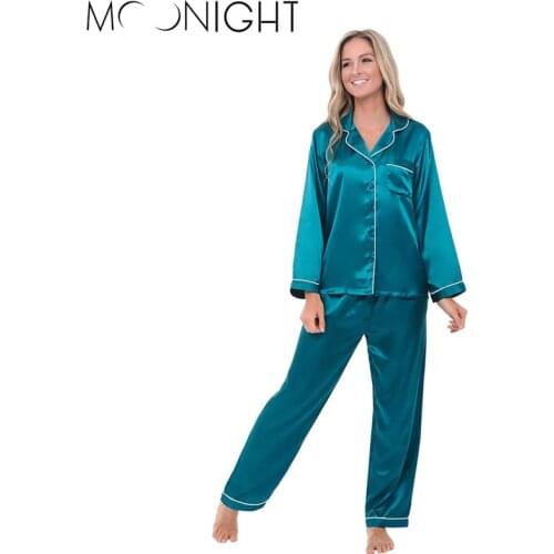 MOONIGHT Womens Button Down Satin Pajama Set, Long Silky Pjs