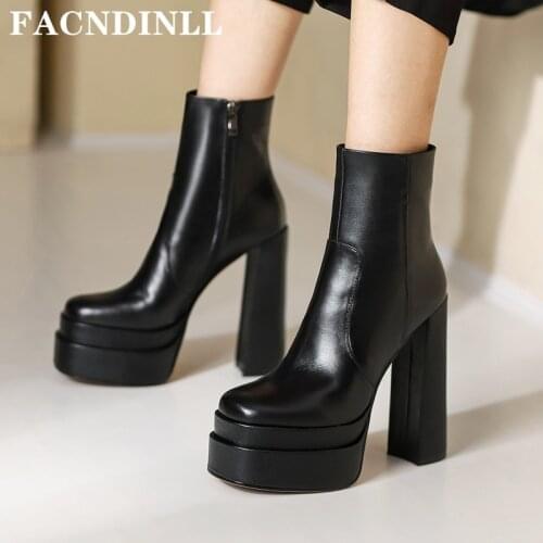 New Fashion Women Chunky Ankle Boots Genuine Leather Sexy High Heels Platform Autumn Winter Warm Shoes Short Boots Size 34-40