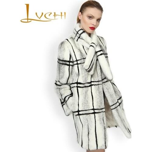 LVCHI real mink furs Coats Winter Classic Black and white grid lattice beautiful women Natural mink fur fashion feminine coat