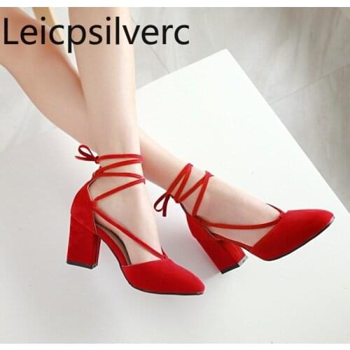 Pumps Spring and autumn new style fashion Square head Shallow mouth Lace Thick heel mid heel Womens shoes plus size 32-43