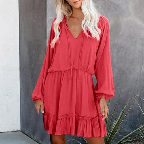 Female Solid Color Sleeveless V-neck Ruffled Long Sleeves Dress Womens Fashion Sweet Elastic Waist Red A-line Slim Dress