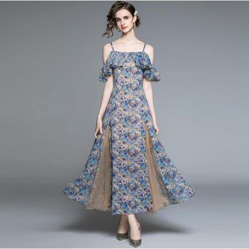 2021 Summer Sexy Off Shoulder Spaghetti Strap Ruffles Beach Dress Women Patchwork Mesh Flower Print Chiffon Maxi Dress Vestidos