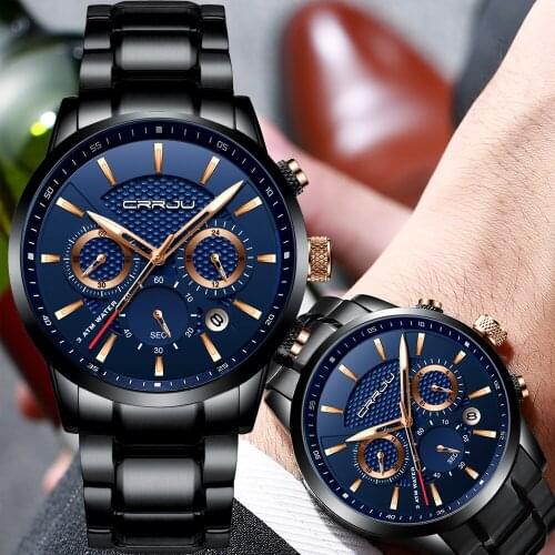 Automatic Watch, Mens Watch Black Waterproof Stainless Steel Chronograph Date Quartz Analog Wrist Watch For Mens 316L Steel