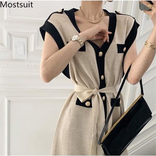Korean Vintage Knitted Long Vest Women Sleeveless V-neck Belted Cardigan Vest Color-blocked Thin Summer Women Sweater Vest 2021
