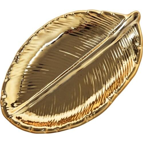 Decorative Gold Leaf Ceramic Plate Dish Porcelain Candy Trinket Dish Jewelry Fruit Serving Tray Storage Plate Crockery Tableware