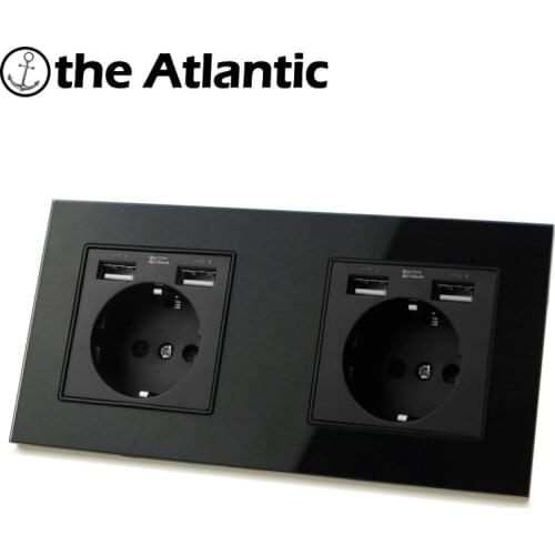 Dual Power Socket 16A USB Mobile Charging Port 2 Gang Socket Russia Spain DE EU Wall Electrical Outlet Black Glass 172mm*86mm