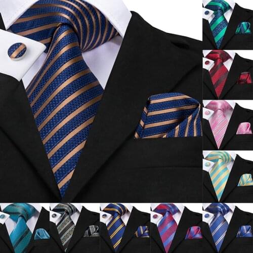 Hi-Tie Brand 100% Silk Ties for Men Male Classic Business Blue Striped Tie Handkerchief Cufflinks Set Luxury Fashion Mens Ties
