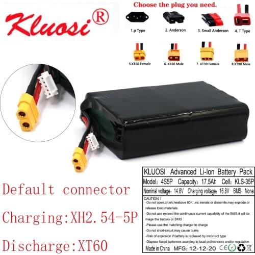 KLUOSI 16.8V Li-ion Battery 14.8V4S5P 17.5Ah 18Ah High Capacity UAV Rechargeable for Various RC Airplane Drone Quadrotor XT60