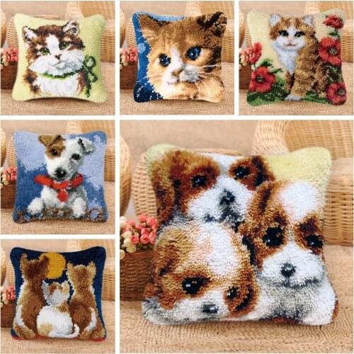 Pulaqi Latch Hook Pillows Cat Dog Smyrna European and American Style Latch Hook Cute Animals DIY Packages Pillow Latch Hook Kits