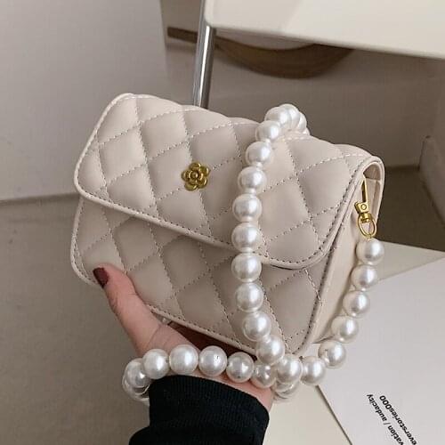 Square Mini Crossbody Bag 2021 New High-quality PU Leather Womens Designer Handbag Pearl Strap Shoulder Messenger Bag