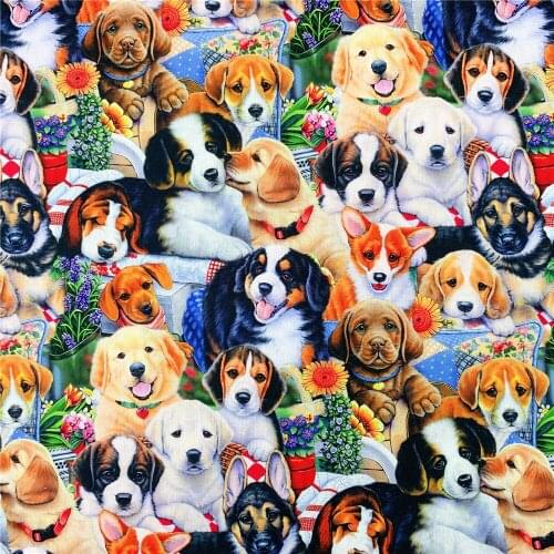 Cartoon Dogs Small Flowers Print 100% Cotton Fabric for Girl Clothes Hometextile Cushion Cover Backpacks DIY