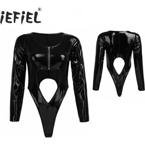 Skinny Bodysuit for Women Erotic Wetlook Bodycon Clubwear Leather Front Zipper Hollow Out High Cut Costumes Ladies Sexy Teddies