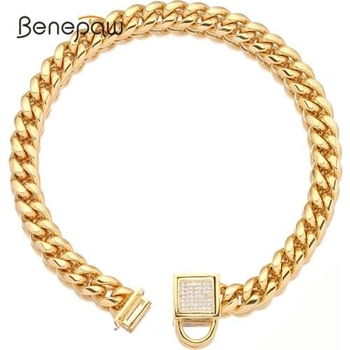 Benepaw Heavy Duty Cuban Link Dog Collar Safe Comfortable Stainless Steel 14mm Gold Pet Chain Choke Cubic Zirconia Stones