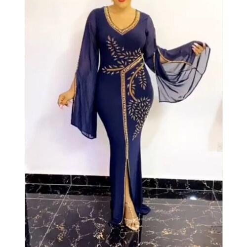 African Dress Women Elegant Flared Sleeve Rhinestone Abaya Dubai Long Robe Turkey Caftan Marocain Muslim Fashion Clothes Vestido