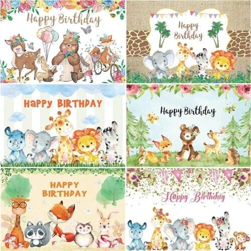Happy Birthday Backdrop Cartoon Forest Animals Child Birthday Party Decor Photography Backgrounds Photo Booth Studio Prop