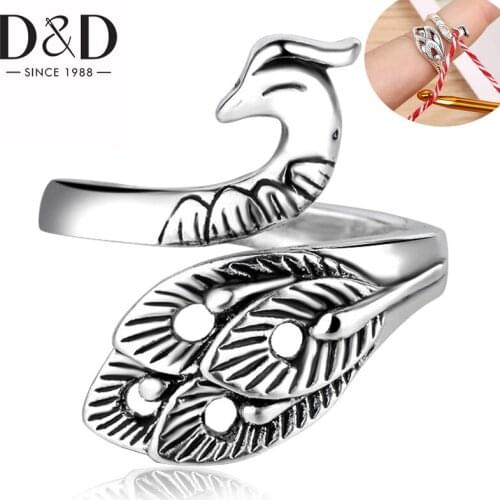 Thai Silver Adjustable Peacock Knitting Loop Ring For Women Gold Silver 2 color Crochet Loop Ring Knitting Accessories