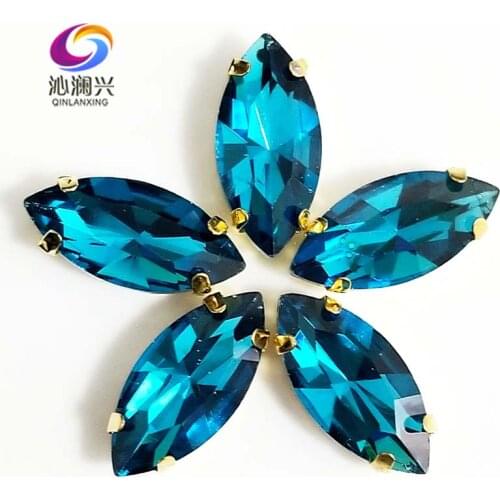 Peacock blue eye shape Glass Crystal sew on stones with holes,Golden bottom loose rhinestones Diy/Clothing accessories SWMG14
