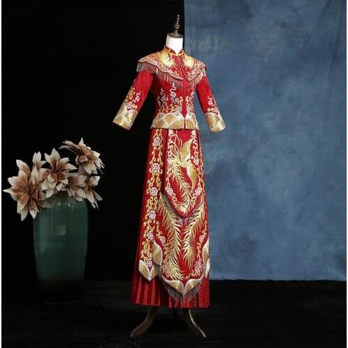 Golden Embroidery Vintage Bride Costume Chinese Traditional Classic Wedding Dress Cheongsam China Qipao костюм для восточных