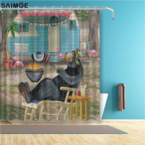 Happy Camp Bear Bathroom Shower Curtain Set Waterproof Bath Curtain Fabric Polyester