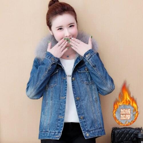 Women Denim Jacket Long Sleeve Female Real Fur Collar Jeans Jacket Warm Plus Velvet Denim Coat Student Plus Size Casual Outwear