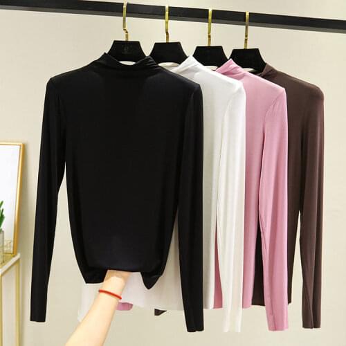 Womens Solid Color Half-high Collar Long-sleeved Pink T-shirt Autumn Female Pullover Casual Loose T-shirt All-match Slim Tops