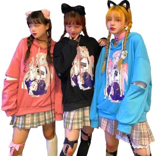 2021 Spring Cartoon JK Girl Print Hoodies Oversized Kawaii Sweatshirt Harajuku Women Hollow Out Long Sleeves Pullover Outwear