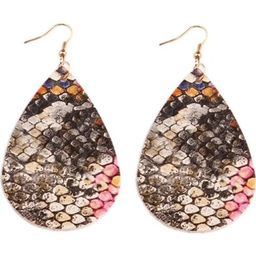 ZWPON Rainbow Snakeskin Teardrop PU Leather Drop Earrings Blue Glitter Waterdrop Faux Leather Drop Earrings for Woman Jewelry