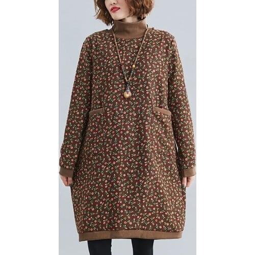 Women Cotton Linen Casual Dress New 2020 Autumn Winter Vintage Floral Print Loose Female Warm Thick Knee-length Dresses S2281