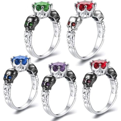 Punk Silver Color Gothic Skull Rings Charms Green Red Zircon Rings for Women Accessories Trendy Party Gift Finger Rings Jewelry