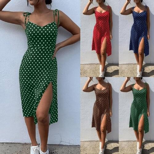 Women Sexy Spaghetti Strap Lace Up Polka Dot Split Hem Backless Summer Dress womens dress woman dress dresses for women dress