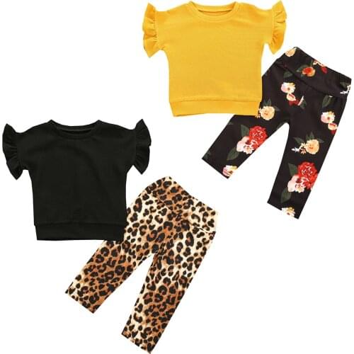 2020 New Fall Autumn 0-18M Toddler Baby Girl 2Pcs Set Solid Color Flared Short Sleeve Top+Leopard/Floral Print Pants Outfit