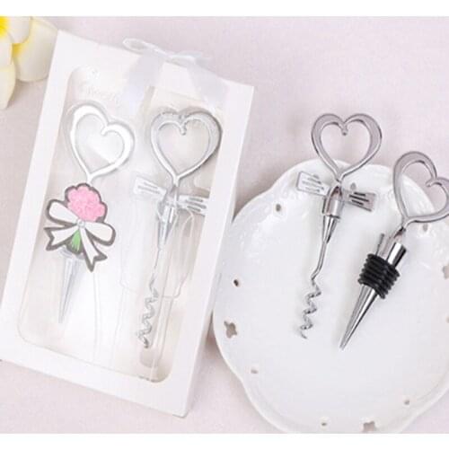 80sets New Love Heart Corkscrew Wine Bottle Opener + Wine Stopper Wedding Gift Favors Bottle Opener Set Wedding Decoration