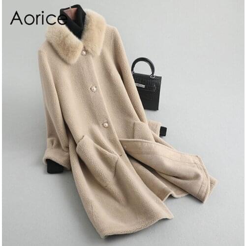 Aorice Women Real Wool Fur Coat Jacket Female Winter Mink Fur Collar Coats Over Size Jackets Long Trench A19027