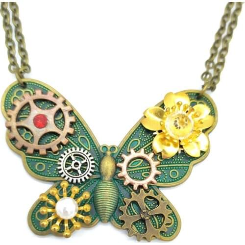 Cykopv 2019 New Original Pretty Green Ox Butterfly with Multi Gears and Flowers Women`s DIY Steampunk Necklace Vintage Jewelry