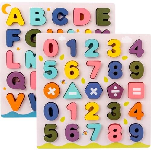 Wooden Learning ABC Digital Cognitive Matching Puzzle Baby Hand Grab Tangram Jigsaw Board Kids Montessori Educational Math Toys