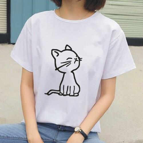 Cute Cat Print T-shirt Women Tops Casual Harajuku Plus Size Tee Shirt Femme Summer Street Cotton 0-neck T-shirts Camiseta Mujer