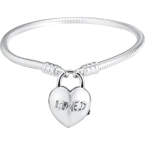 MOMENTS Smooth Bracelet with Loved Heart 925 Sterling Silver Jewelry For Women Bracelet DIY Jewelry Fit European Beads